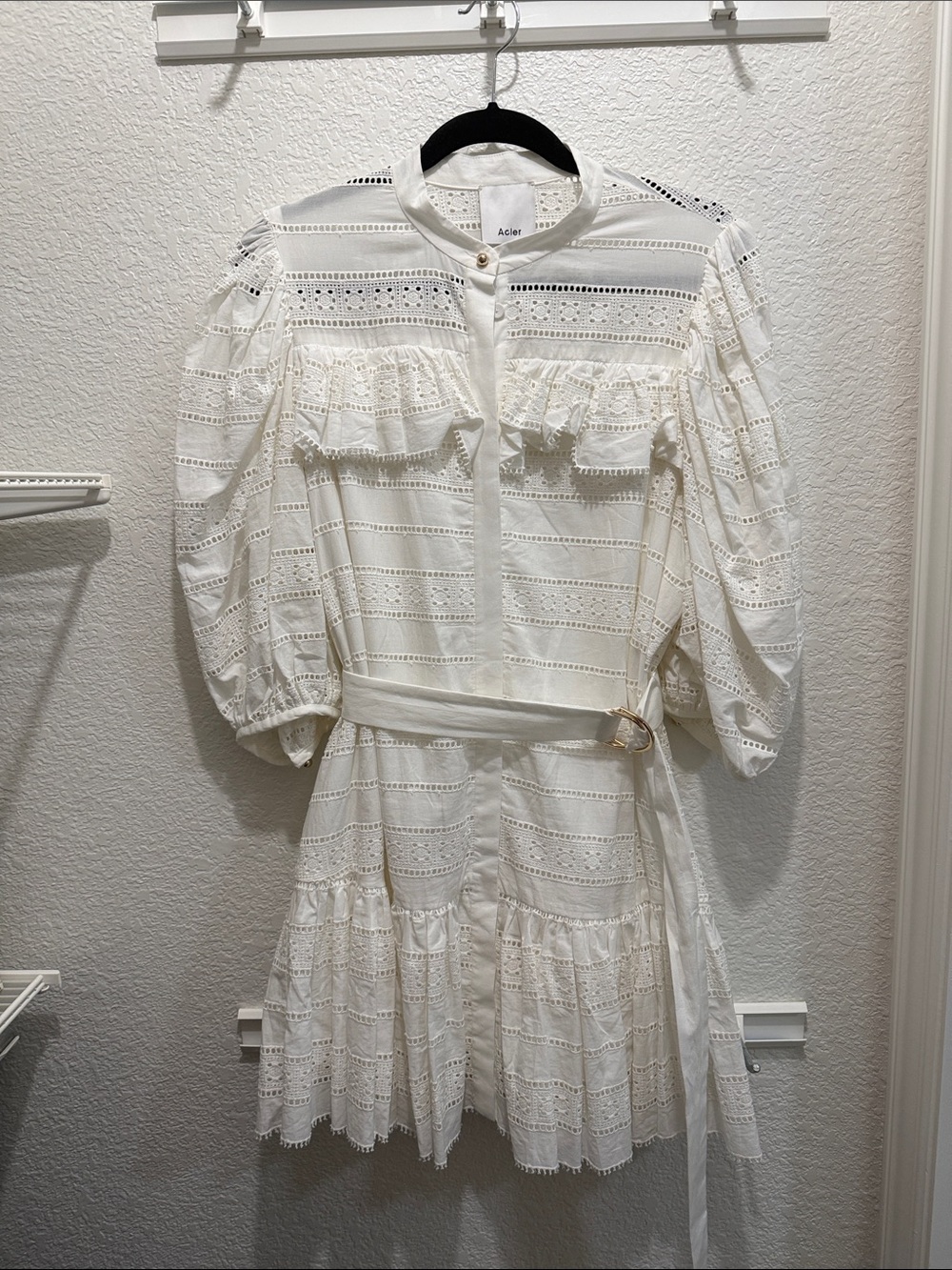 Acler Cream Eyelet Ruffle Belted Mini Dress